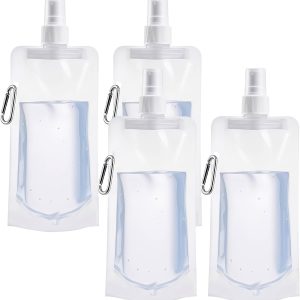 4 Pack Collapsible Water Bottles Travel Foldable Water Bottles Reusable Soft Juice Pouches Leakproof Foldable Waters Carrier Travel Plastic Flasks Bags for Outdoor Hiking Camping Running with 4 Loops